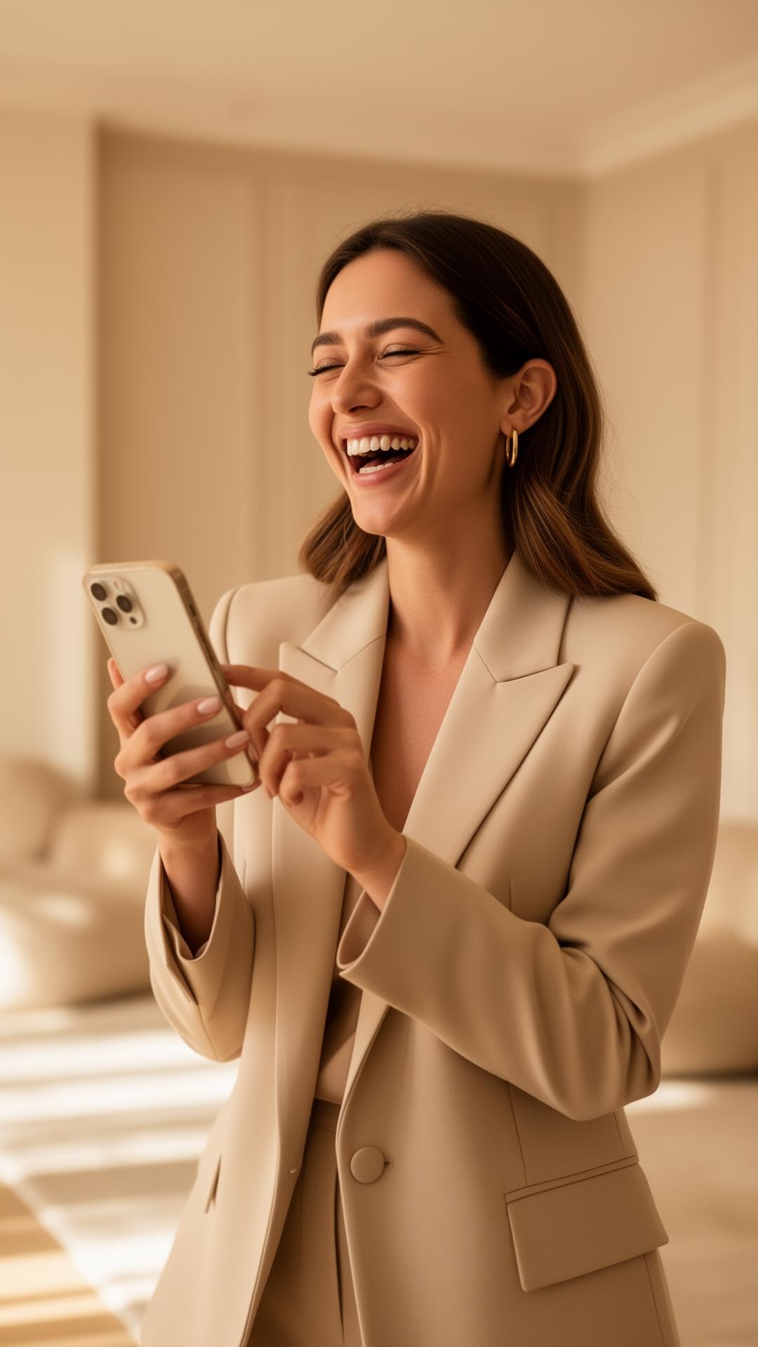Confident woman founder laughing while holding her phone
